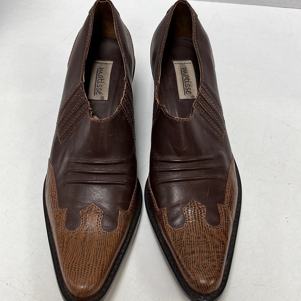 Matisse Vintage Brown Leather Western Pointed Toe Slip On Heel Mule Ankle Boots